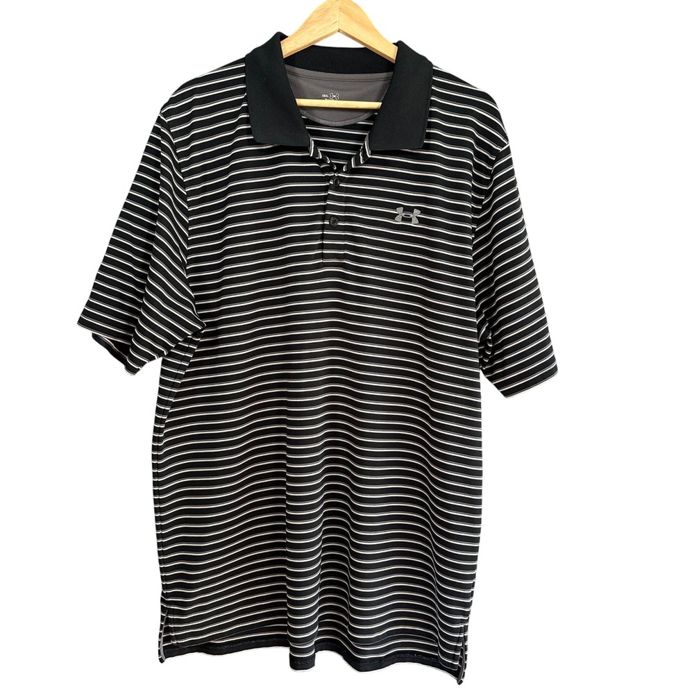 Under Armour Polo Shirt Mens XXL Black Striped HeatGear‎ Short Sleeve Golf Top